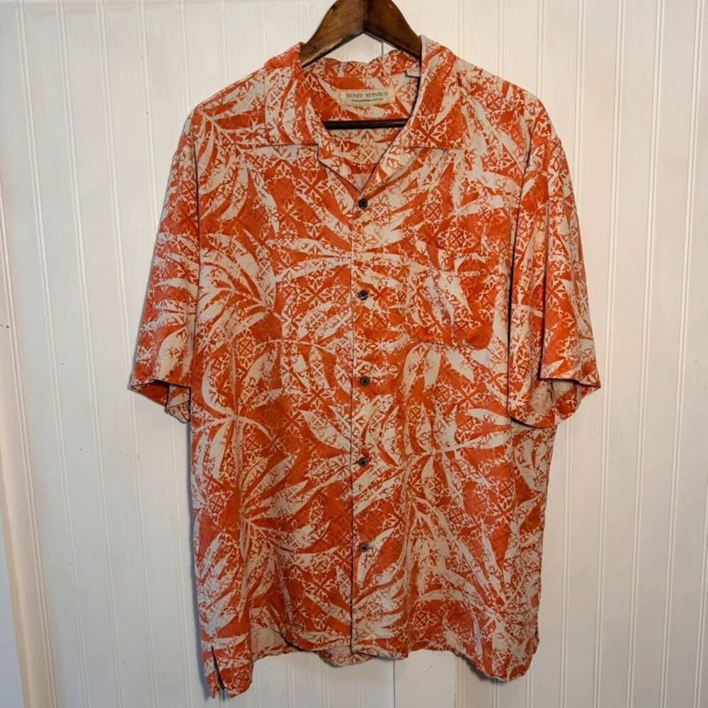 Island Republic Men’s XXL Silk Hawaiian Shirt Palms Orange white spread collar